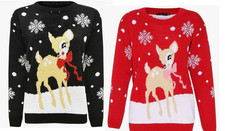 H.O.S Damen Ladies Xmas Weihnachten Bambi Strickpullover Oberteil