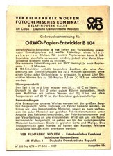 Gebrauchsanweisung  ORWO-Papier-Entwickler B 104 aus DDR-Zeiten