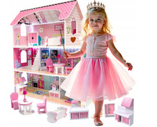 XXL Puppenhaus Holz MDF mit Möbeln & LED Licht – 3 Etagen Rosa 70 cm Großes Pupp