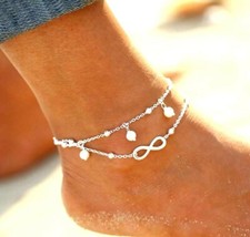 Fußkette Perle Infinity Fußschmuck Fußkette Unendlichkeit Damen Silber NEU
