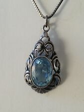 Jugendstil  Silber Anhänger ovaler Aquamarin + Silber Kette Antikschmuck