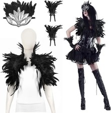 3tlg Halloween Schwarze Federumhang Gothic Feder Schal mit Manschette Maske