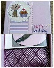 KATZE MELODIE MIAUT Geschenk - Box  mit Netz - Strumpfhose Lila HAPPY BIRTHDAY