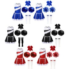 Mädchen Cheerleading Kostüm Cheer Uniform Kleid Kopfschmuck Pompons Strümpfe Set