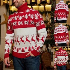 Herren Rollkragen Strickpullover Langarmshirt Sweatshirt Strick Weihnachtsshirt