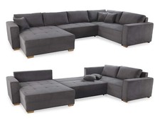 Wohnlandschaft U-Form Sofa Schlaffunktion Couch Bettkasten Cord Grau Anthrazit