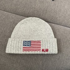 NWT POLO Ralph Lauren RL 67 USA FLAG KNIT BEANIE HEATHER GREY Adult Wool Cap
