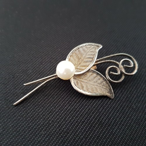 Brosche blatt perle silber - blatt,