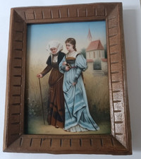 Fein gemaltes Porzellanbild gerahmt, Großmutter mit Enkelin - ca. 1850, sehr gut