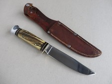 Jagdmesser, Omegawerk, Solingen, Griff  aus Hirschgeweih, Lederscheide, alt