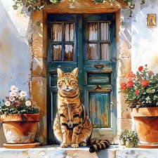 Deko Bild Katze Haustür Mediterran Wandbild Tiere Wanddeko Dekofliese Wandfliese