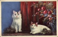 Ak Zwei Katzen, liegend, sitzend, Blumenvase - 4419619