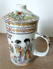 Asia China Porzellan Tasse mit Tee-Einsatz und Deckel | Orchideengarten