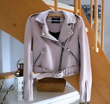 Rosa Bershka Kunst Velours Leder Biker Jacke Rose XS 32 34