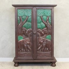 Wandschrank Schrank Holzschrank Kommode Elefanten Holz Rattan 90 cm braun grün