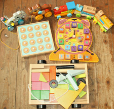 Holzspielzeug Kinder Sammlung Konvolut Lernspiele aus Holz Uhr Memory Eisenbahn