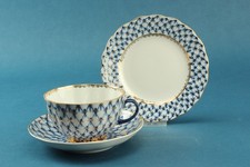 Lomonosov Russisch Kobaltnetz 3 tlg. Tee-/Kaffee Tasse UT Gebäckteller