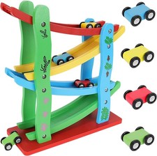 Autorennbahn Holz 4 Fahrzeuge Kugelbahn Rennbahn Kinderspielzeug 22457