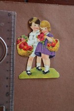 altes Glanzbild, Oblatenbild - Kinderpächen mit Blumen - 30er Jahre ?