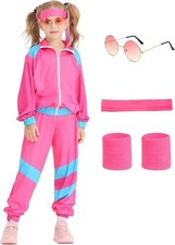 Poywuo 80er 90er Jahre Kinder Kostüm M – Retro Trainingsanzug mit Stirnband
