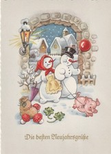 AK GF   Neujahr - Schneemann-Paar m. Schwein, Fliegenpilz, Geldsack + Zylinder