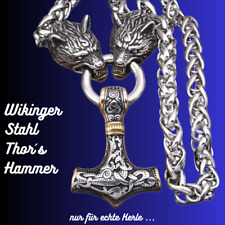 Thors Hammer Halskette – 60 cm - Wikinger Schmuck mit Wolfsköpfen aus Edelstahl