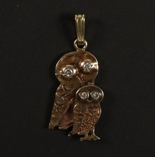 schöner 585er Gelbgold Anhänger Eulen mit 4 Diamanten als Augen