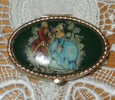 Ovale Pillendose Metall mit Deckel Rokoko Motiv Schmuckdose Grün / Bunt