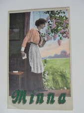 Künstler AK Minna Frau,Schürze,Stuhl,Bild,Flieder,Wiese,Bäume,Glitzer nicht gel.