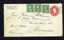 USA: GS 2ct (mit Zusatzfrankatur), Lynchburg nach Bremen, 10.10.1909