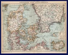 Landkarte anno 1895 - Dänemark Island Färöer Schleswig Kattegat Rügen Bornholm