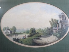 Flusslandschaft mit Anglern und Häusern - J. Tavernier - sign. Gouache - 19. Jh.