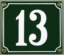 Grüne Emaille Hausnummer "13"