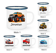 Kindertasse Emaille mit personalisierten Namen, blauer Rand