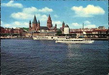Rhein Schiff Postkarte ~1970 Schiffe Personenschiffe an der Anlegestelle MAINZ