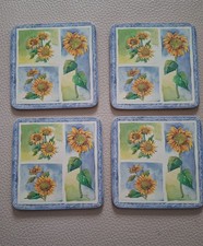 4 Stück Glasuntersetzer aus Kork, Sonnenblumenmotiv,Tischuntersetzer, 10,5x10,5