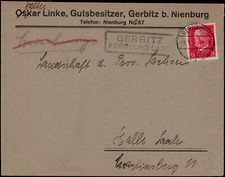 Gerbitz Bernburg Land, schwarzer Landpost R2 klar auf Couvert 1931