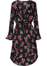 Vokuhila-Bluse mit Volants Gr. 46 Schwarz Rosa Damen Langarm Shirt Tunika Neu