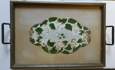 altes Tablett Holz und Metall mit Glasplatte Schmucktablett 50er Jahre