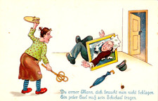 AK  Humor  - Frau m. Bett-Klopfer+ Stiefelknecht  verhaut Mann -Verlag: HWB 3511