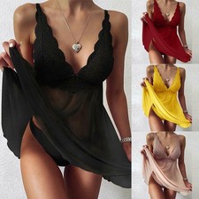 Kleid V-Ausschnitt Spitze Dessous Morgenmantel Nachtwäsche Sommerunterwäsche b