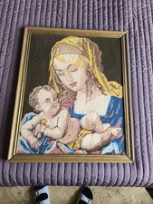 Handgestücktes Gobelin  Altes Wand Bild Groß ca.54x45 in Holz Rahmen