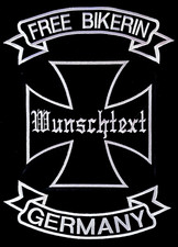 Patch Aufnäher FREEBIKERIN GERMANY Iron Cross Wunschtext V8 Rückenschleife