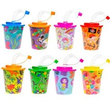 Kinder Trinkbecher – 250 ml – 12 Stück – Mit Motiv, Deckel & Strohhalm Becher