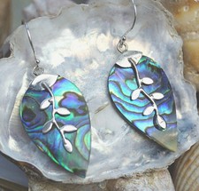 Silber Ohrhänger 4 cm Abalone Paua Muschel Bunt Tropfen Modern Elegant Blatt Ast