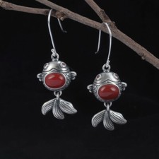 B35 Ohrringe Fisch Goldfisch mit Achat rot 925 Sterlingsilber