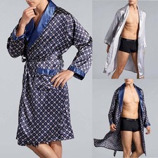 Premium Herren Satin Seide Luxus Pyjama Nachtwäsche Set Morgenmantel Silber Gra