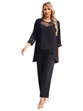 Damen 3-Teilig Set Cocktail Party Hosenanzug Chiffon Tank Top Cardigan mit Hose