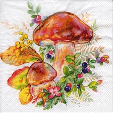 3 Cocktail Servietten ~ Herbst Floral, Weiße Pilze und Waldbeeren, Laub ~ 25x25