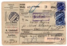 Türkei 1916 INCOMMING PAKETKARTE von LYCHEN in die Türkei (T8073